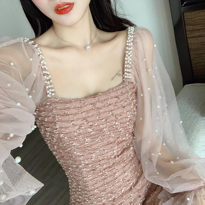 Nightclub Dress Fashion Sexy Slim Slim Wild Net Yarn Bubble Sleeve Temperament Dress Women
