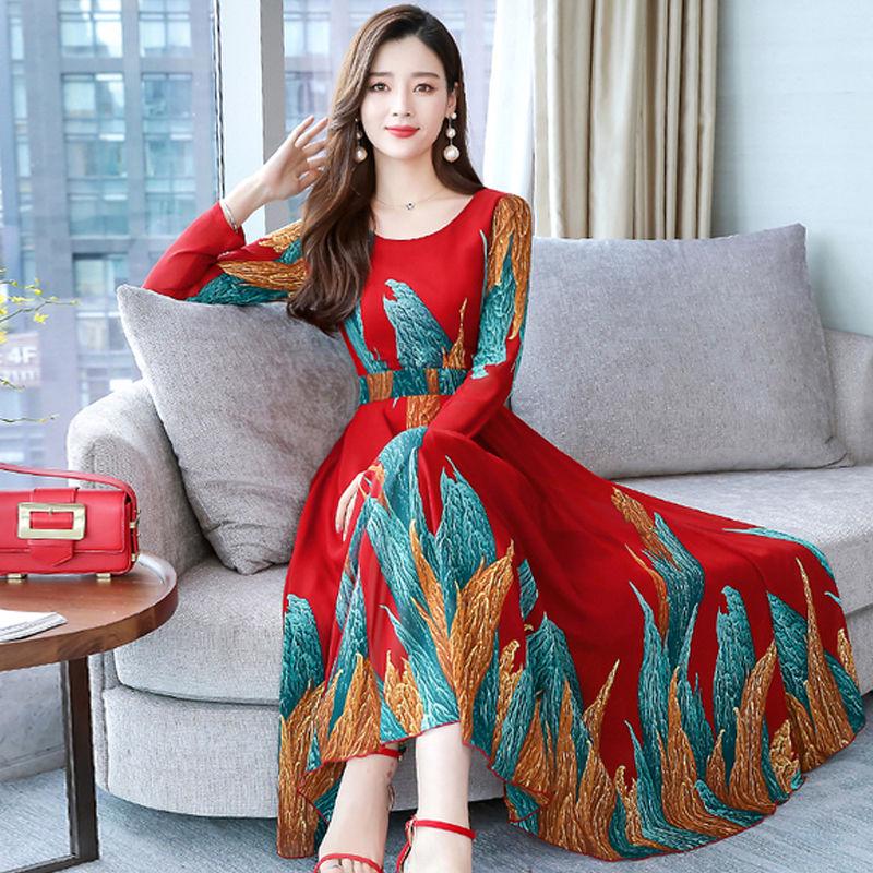 Women's Floral Skirt Printed Chiffon Dress Female Spring and Autumn Slim Beach Dress Long Skirt