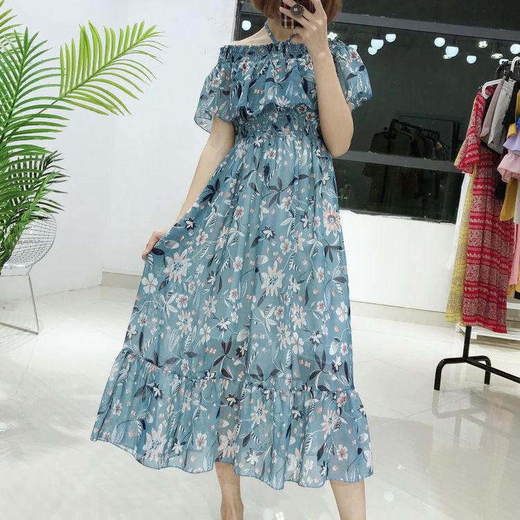 Fashion Boho Off Shoulder Floral Ruffle Hem Belted Summer Long Dress A Line Party Elegant Dresses