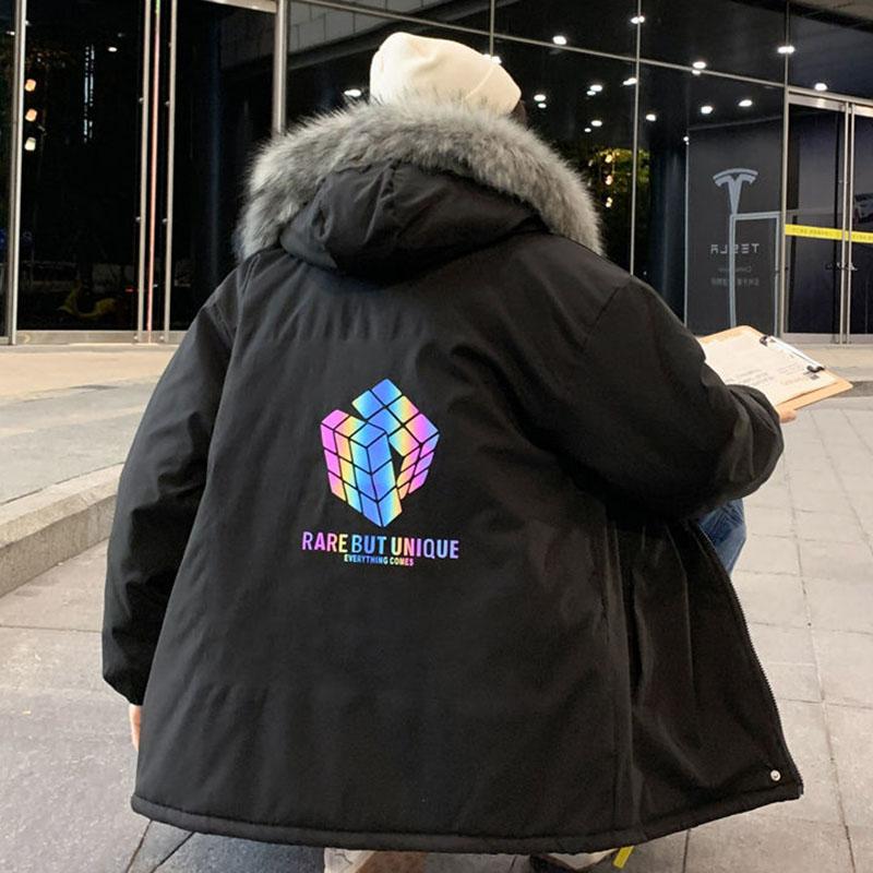 Rubik's Cube Reflective Cotton Coat Male Fur Collar Korean Style Loose Bread Coat Winter Student Handsome Padded Coat