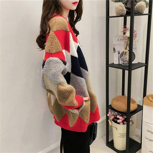 Women's Sweaters Autumn Winter Casual Plaid V-Neck Cardigans Button Cardigans Puff Sleeve Loose Sweater Coat