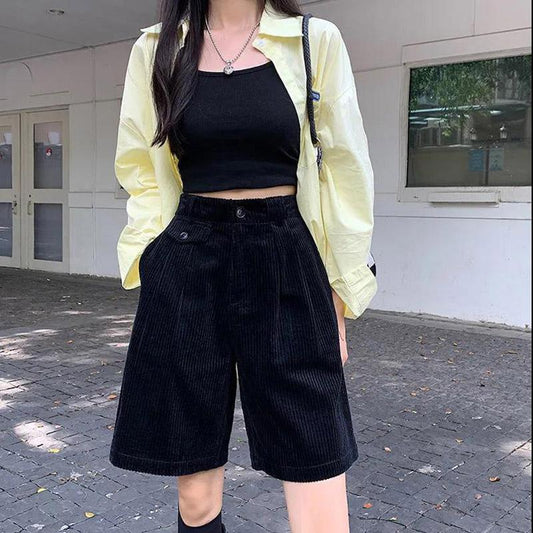 Corduroy Five-point Shorts Women's Autumn and Winter Casual Pants Loose Retro Coffee Color A-line Wide-leg Pants