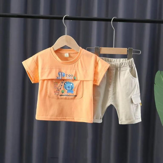 Children's Suit Summer Thin Boys' Korean Printed Lion Loose Stitching T-shirt Pocket Shorts Casual Pants 2-piece Set