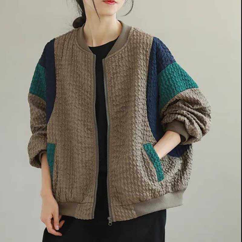 Loose Plus Size Jacket Women Stitching Contrast Color Plus Size Casual Long-sleeved Top Coat