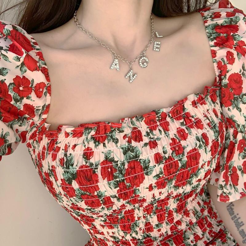 Women's Summer Slim Skirt Floral Square Neck Puff Sleeve Dress