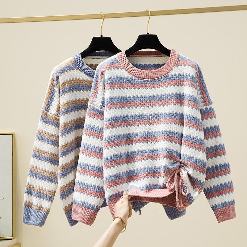 Autumn Winter Women Stripe Knitting Sweaters Korean O-Neck Loose Casual Jumpers Long Sleeve Pullover Tops Girls Sweet Warm Sweater Soft Knitwear Coat