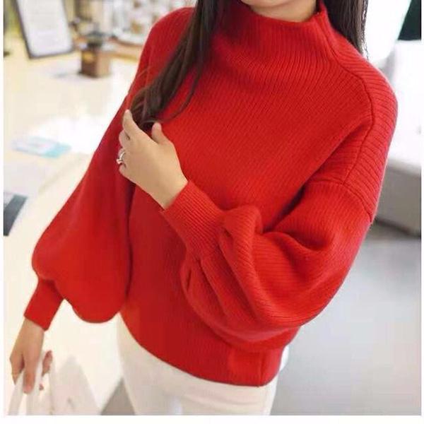 Autumn and Winter Half High Neck Lantern Sleeve Top Short Knitted Solid Color Sweater Slim Pullover Sweater Fashion Jacket