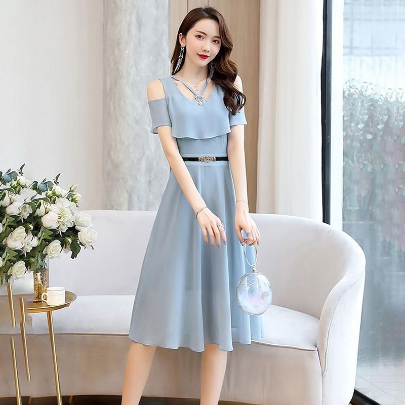 Chiffon Dress Women's Waist Slimming Temperament Strapless Mid-length Skirt A-line Skirt Slimming Chiffon Large Size Dress Mid-length Chiffon Skirt