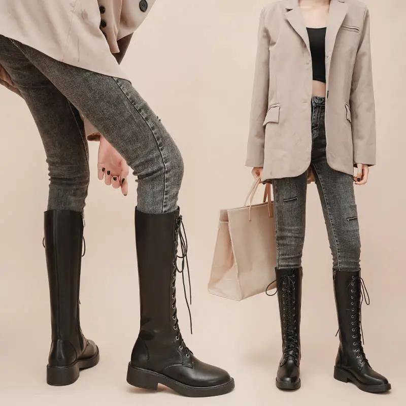 Plus Size British Style Black Thick Heel Single Martin Boots Autumn and Winter Versatile High-top Women's Boots