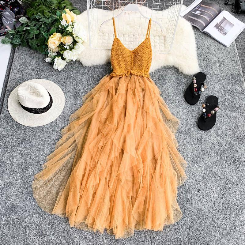 Lace Party Dress Ruffles Knitting Patchwork Women Strap Dress Mesh Backless V-neck Dress