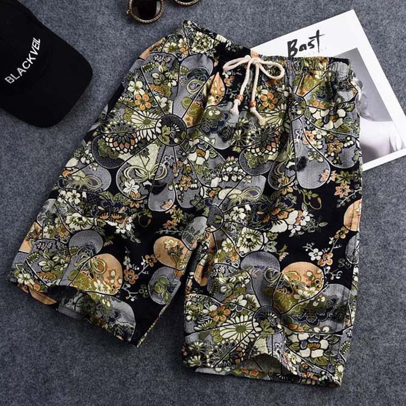 Summer Beach Pants Men's Casual Flower Shorts Men's Summer Big Pants Boys Cotton Five-point Pants