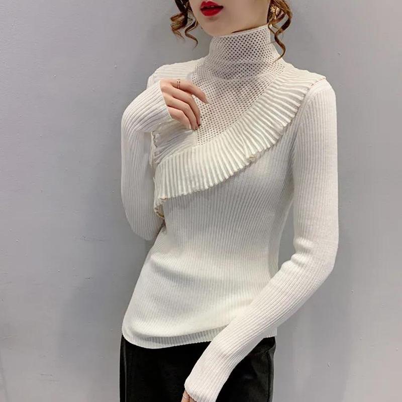 Ruffled Half Turtleneck Sweater Women  Autumn  Winter Wear Lace Style Self-cultivation Hollow Knit Bottoming Shirt Top