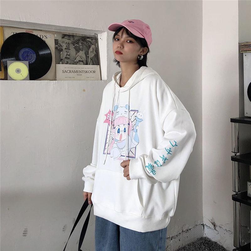 Japan Anime Sweatshirts Women White Hooded Tops Fashion Pullovers Hoodies Fall Winter Thick Fleece Harajuku Hoodies Ladies Casual Clothes Clothes