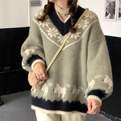 Autumn Winter  Women Fashion Sweater Casual Knitting Sweater Jacquard V-neck Pullovers Loose Casual Long Sleeve Sweater