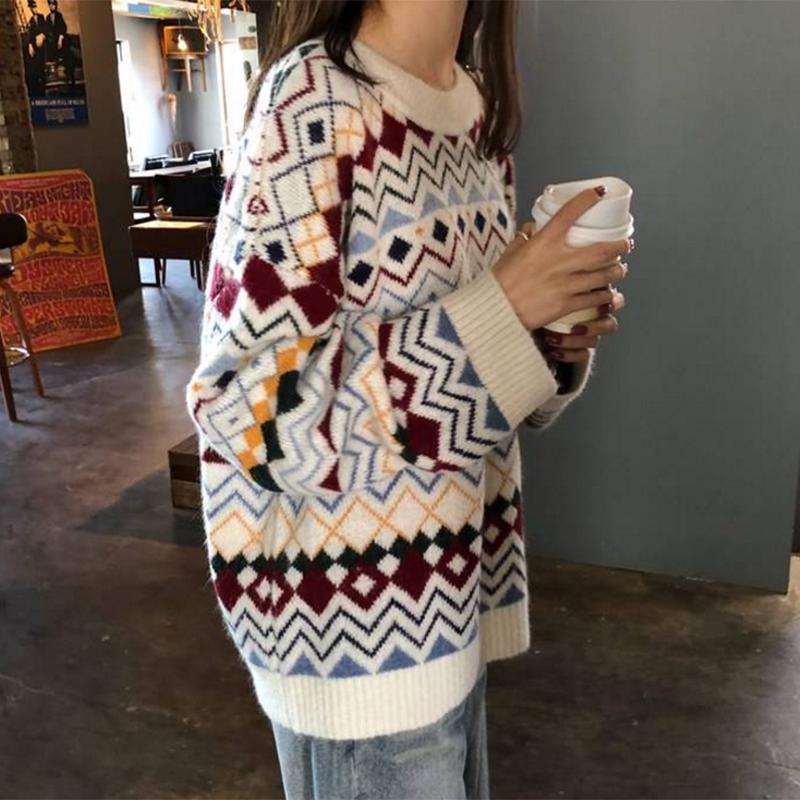 Pofulove sweater female students loose college style round neck wild jacquard pullover sweater women