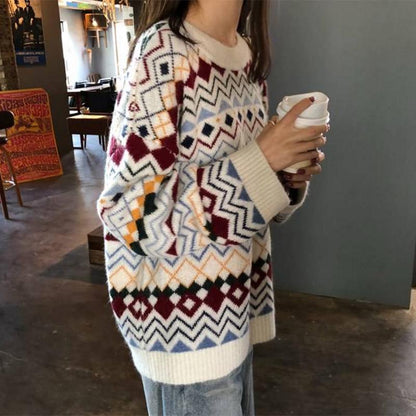 Pofulove sweater female students loose college style round neck wild jacquard pullover sweater women