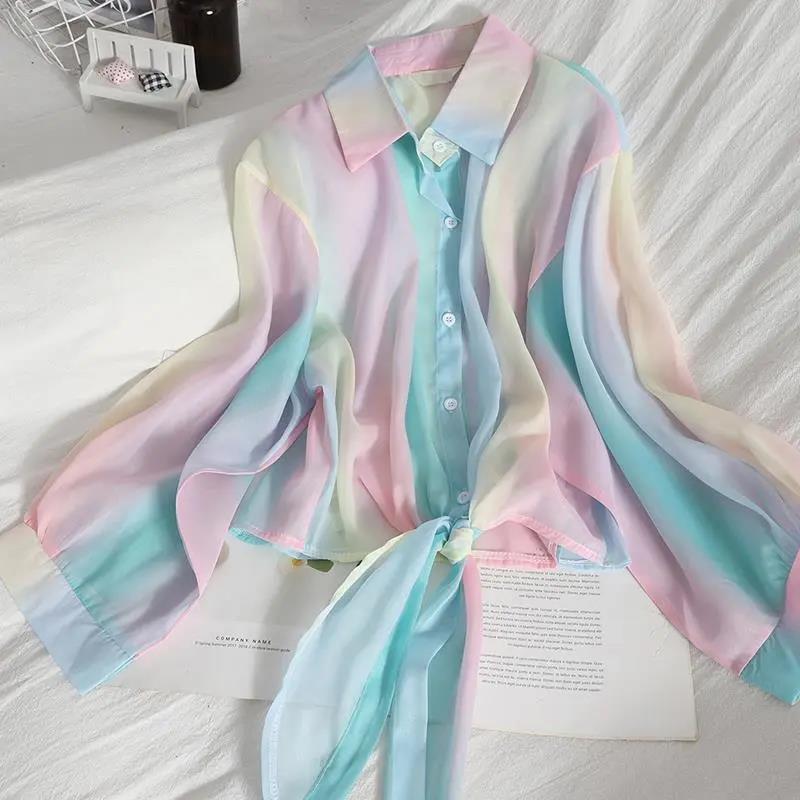 Gradient Chiffon Shirt Iridescent Button-up Shirt Mid Length Thin Coat Women's Sun Protection Shirts