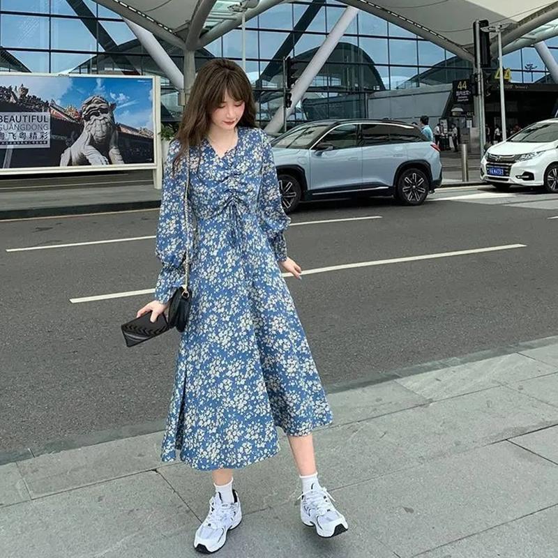 French Retro V-neck Waist Long-sleeved Dress Feminine Temperament Was Thin and High Floral Dress Waist Was Thin Chiffon Fabric Was Light