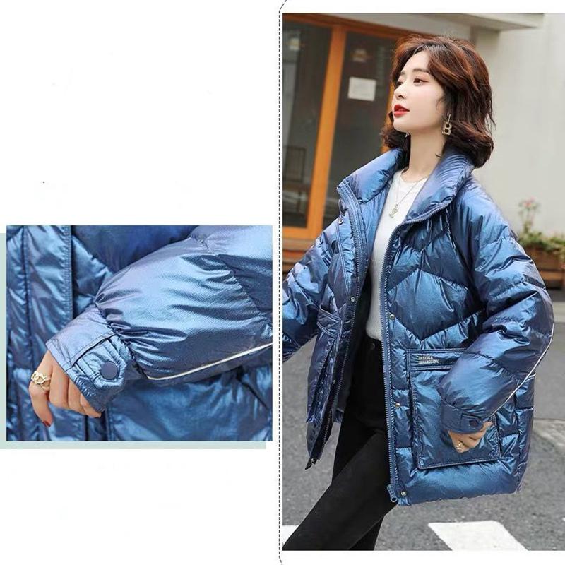 Women's Shiny Mid-length Down Jacket Winter Korean Style Loose Coat Warm Stand-collar Down Jacket