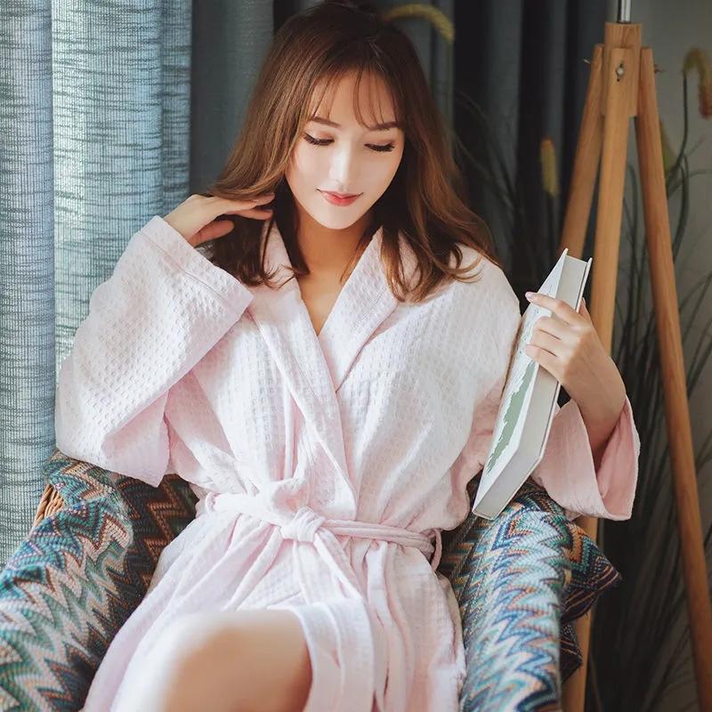 Women's Yukata Pajamas Robe Spring Autumn Loose Waffle Solid Color Bathrobe Long Sleeves Robe Sleeping Robes with Belt