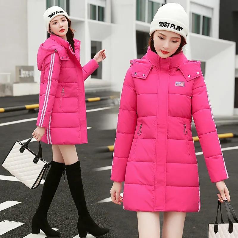 Women Winter Thickening Coats Hooded Jackets Stripes Plus Size Warm Mid-length Slim Padded Jacket Medium Long Bright Color Girls Student Coat