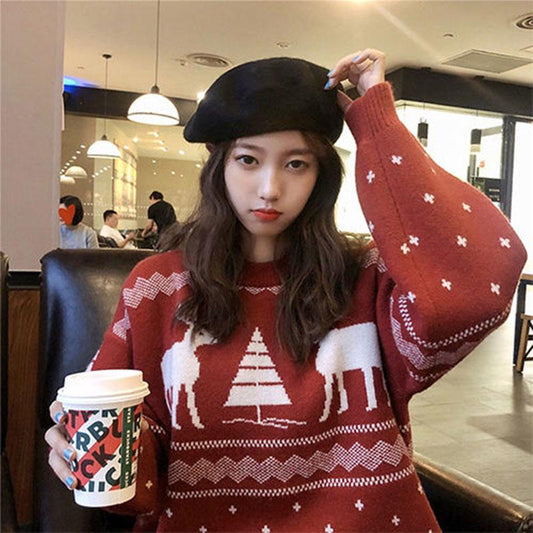 Autumn and Winter Pullover Top Loose Casual Thick Coat Christmas Style Knitted Female Sweater