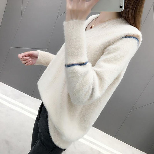 Imitation Mink Velvet Fashion V-neck Sweater Women  Korean Loose Comfortable Net Red All-match Hooded Long-sleeved Blouse