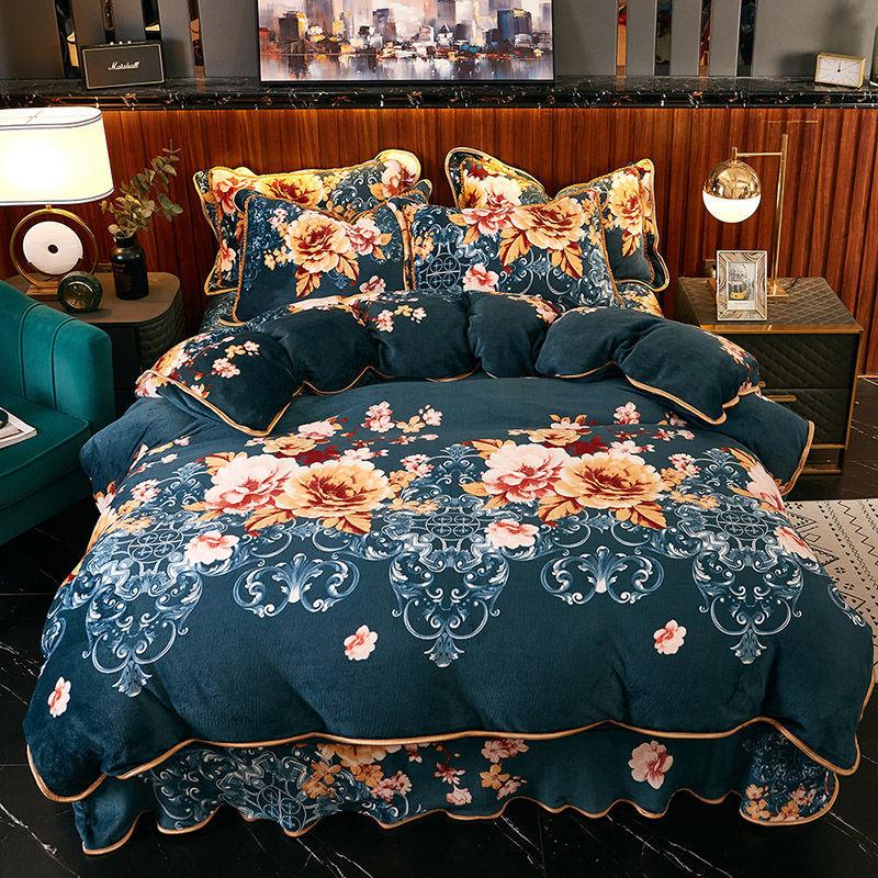Thick Gold Mink Velvet Coral Velvet Four-piece Flannel French Velvet Bed Skirt Warm Quilt Cover Sheet