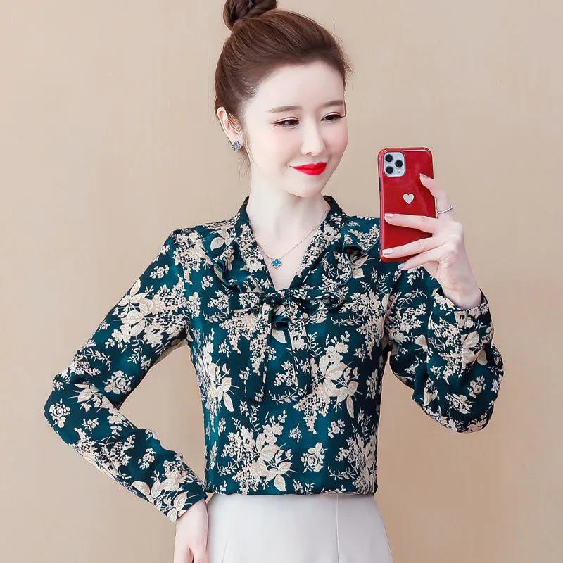 Floral Chiffon Shirt Women's Spring Western Style Cover Belly Bow Small Shirt All-match Loose Bottoming Top