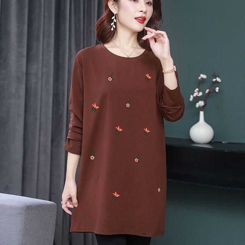 Women's Clothing Autumn and Spring Ladies Round neck Flower embroidery Long-sleeved Casual Loose T-shirt Pullover