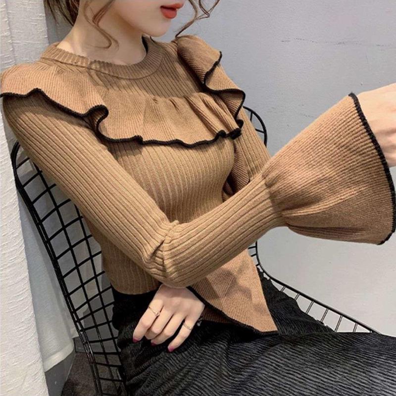 Ruffle Knit Bottoming Sweater Autumn and Winter Fashion Outer Blouse Thick Round Neck Jacket