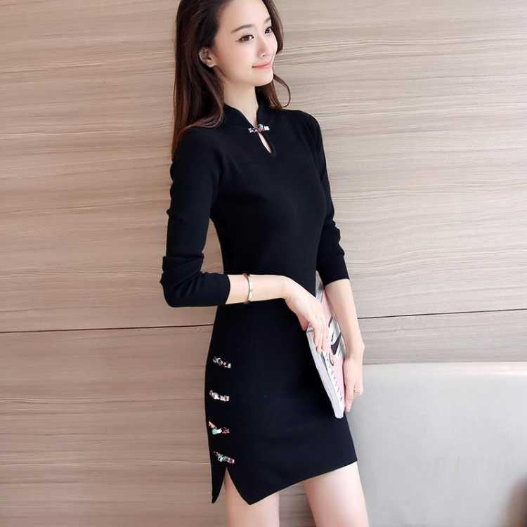 Winter China Tradition Sexy Slim Bodycon Knit Skirt Traditional Buckle Bottom Sweater Dress