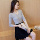 All-match Wave V-neck Bottoming Shirt Stretch Slim Slimming Solid Color Knit Sweater Long-sleeved Short Warm Sweater Women