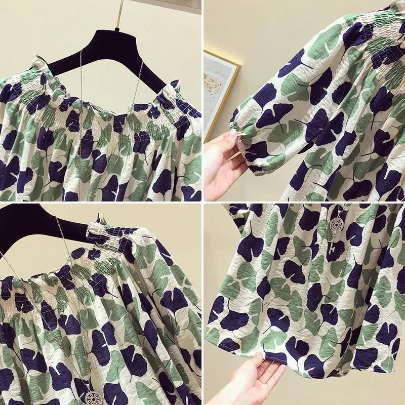 One-shoulder Top Women's Short-sleeved Loose-fitting Belly Slimming Women's Blouse Floral Chiffon Shirt Top Women's Off-shoulder Chiffon Shirt