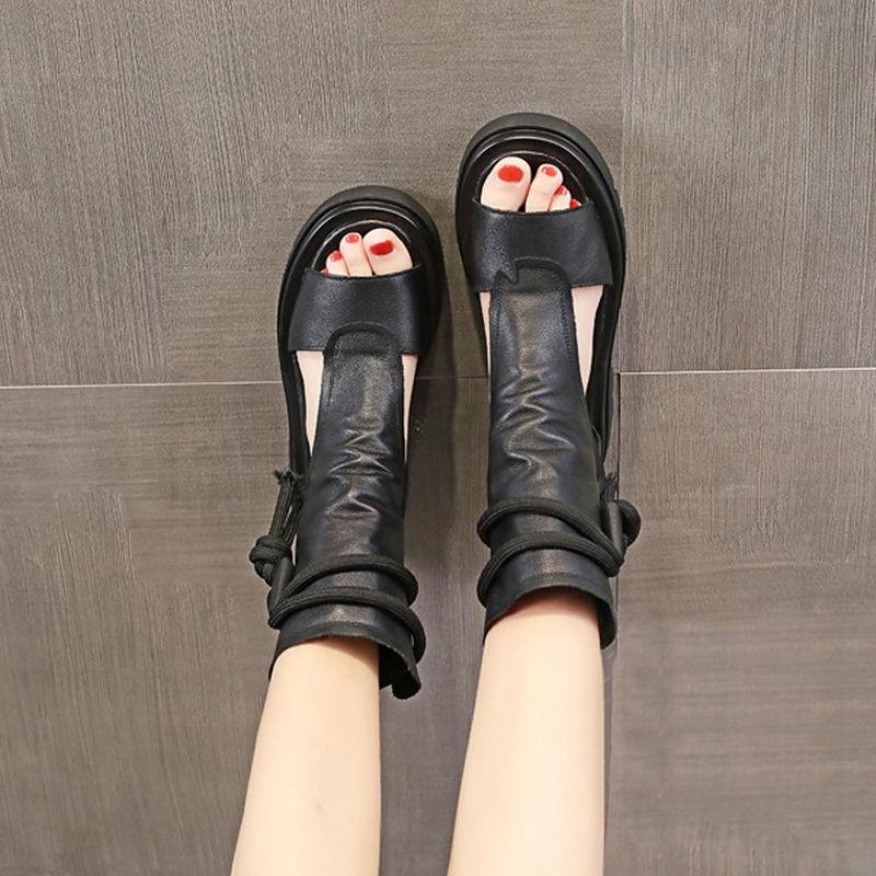 Women's Soft Leather Flat Sandals Platform Fish Mouth Sandals Mid-heel Casual High-top Roman Shoes