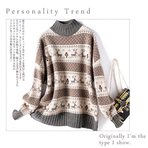 Turtleneck Sweater Female Students Korean Loose  Knit Sweater Bottoming Pullover Sweater Outwear  Deer Print Christmas Sweater Autumn  Winter