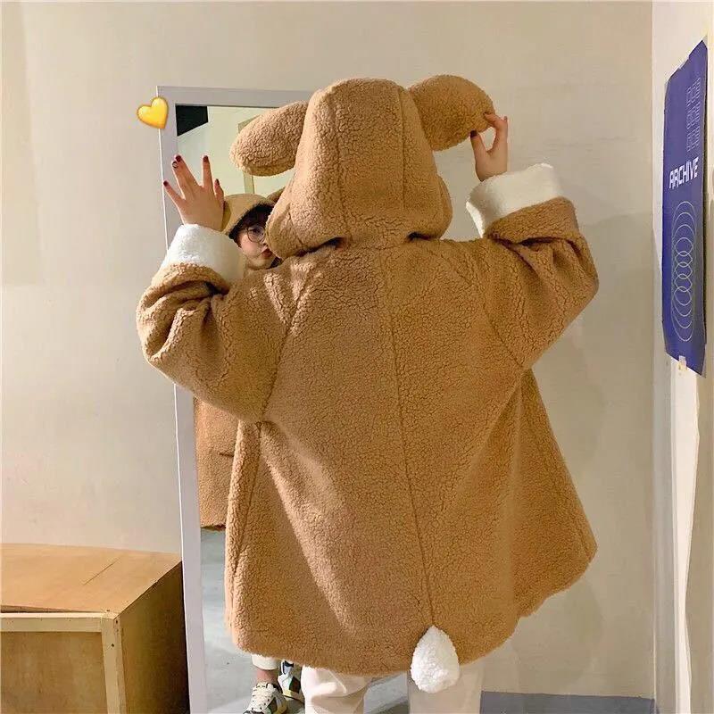 Autumn and Winter Lamb Fur Hooded Jacket Female Students Casual All-match Thickened Polar Fleece Cardigan Cute Rabbit Ears Plush Jacket