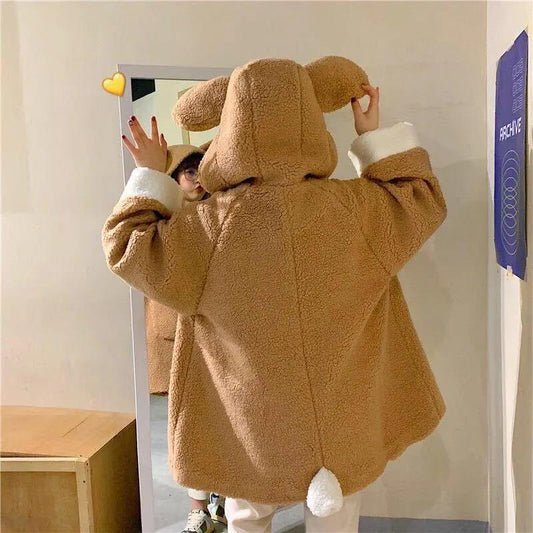 Autumn and Winter Lamb Fur Hooded Jacket Female Students Casual All-match Thickened Polar Fleece Cardigan Cute Rabbit Ears Plush Jacket