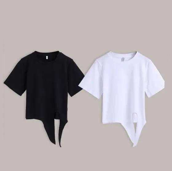 Women Summer O-neck Top Irregular Bandage T-shirt Solid Color Short-sleeved Loose Casual Tee