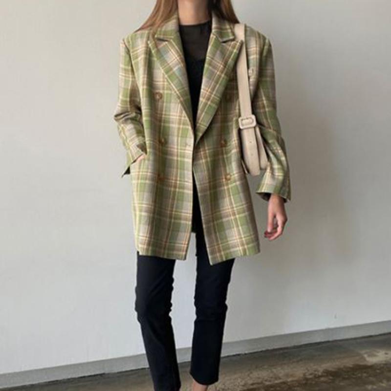 Vintage Loose Women Plaid BlazerAutumn Chic Double Breasted Female Long Sleeve Suit Jackets Stylish Ladies Blazer