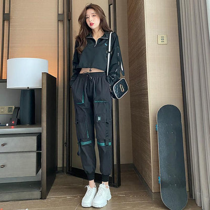 Pants Women's Loose All-match Trend Overalls High-waisted Thin Black Sports Pants Female High-waist Students