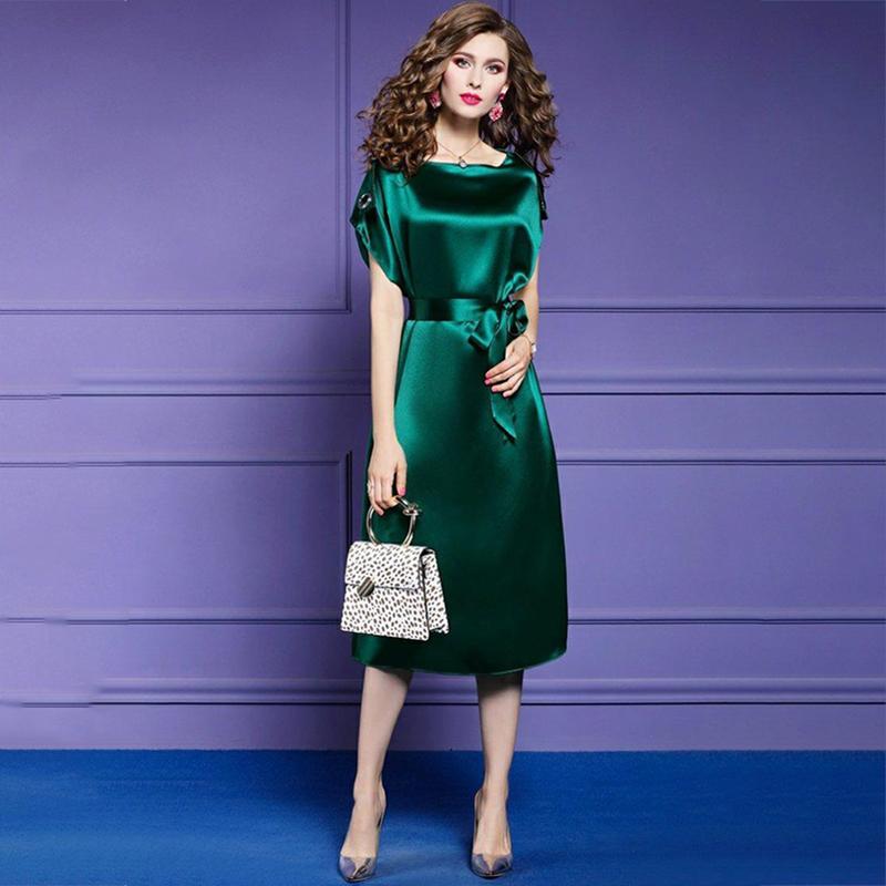Plus Size S-XXXXXL Summer Mid-length Silky Satin Ladies Dress Short-sleeved Over-the-knee Dress Free Belts of The Same Color