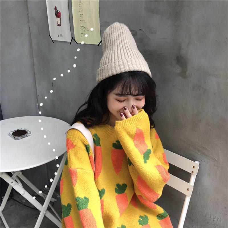 Korean-style Loose-Fit Versatile Fun Carrot Pattern Laziness-Style Pullover Sweater Women's