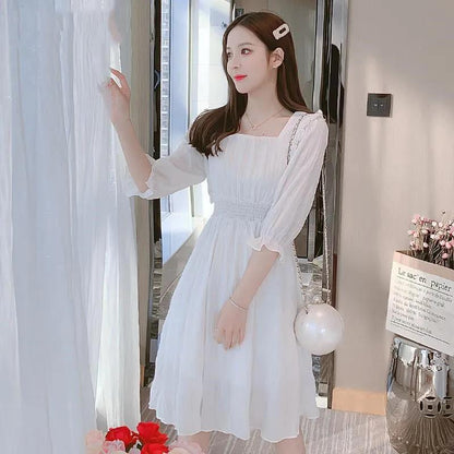 Women's Summer Dress Square Neck Slim Puff Sleeve Solid Color Skirt