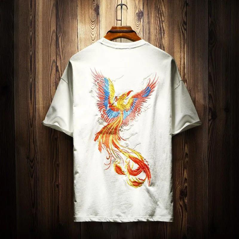 Chinese Style Embroidery Phoenix Nirvana Short-sleeved T-shirt Young Men's Summer Trend Personality Fashion Loose T-shirt