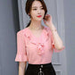Chiffon Shirt Women's Short-sleeved V-neck Slim Slimming Casual Large Size Trumpet Sleeve Top Chiffon Temperament Shirt Easy To Wear Shirt