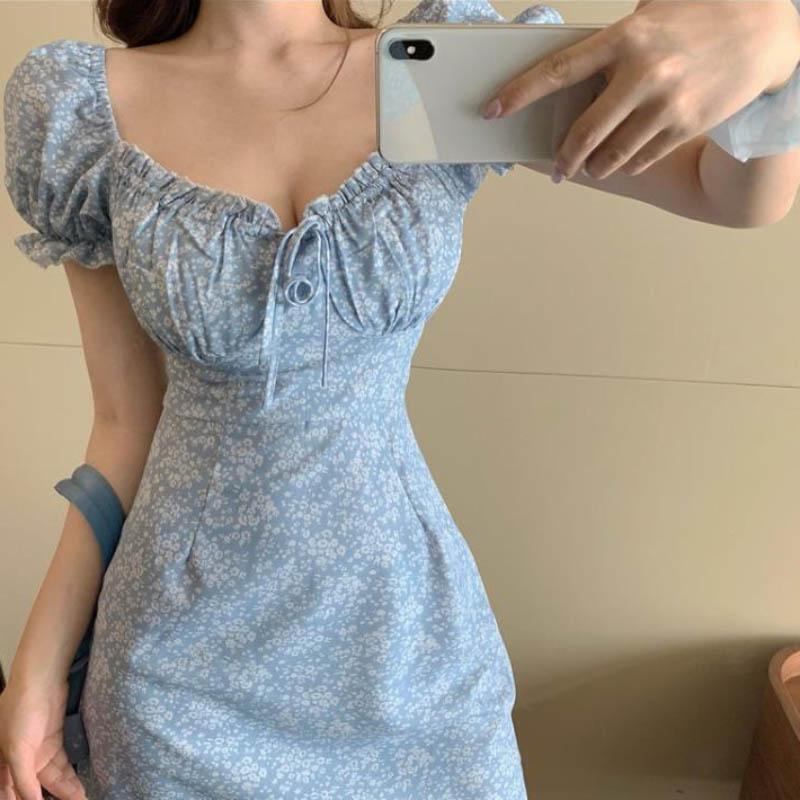 Summer Tight-fitting Short Skirt French Retro Floral Square Collar Waist Floral Skirt Female Puff Sleeve Dress