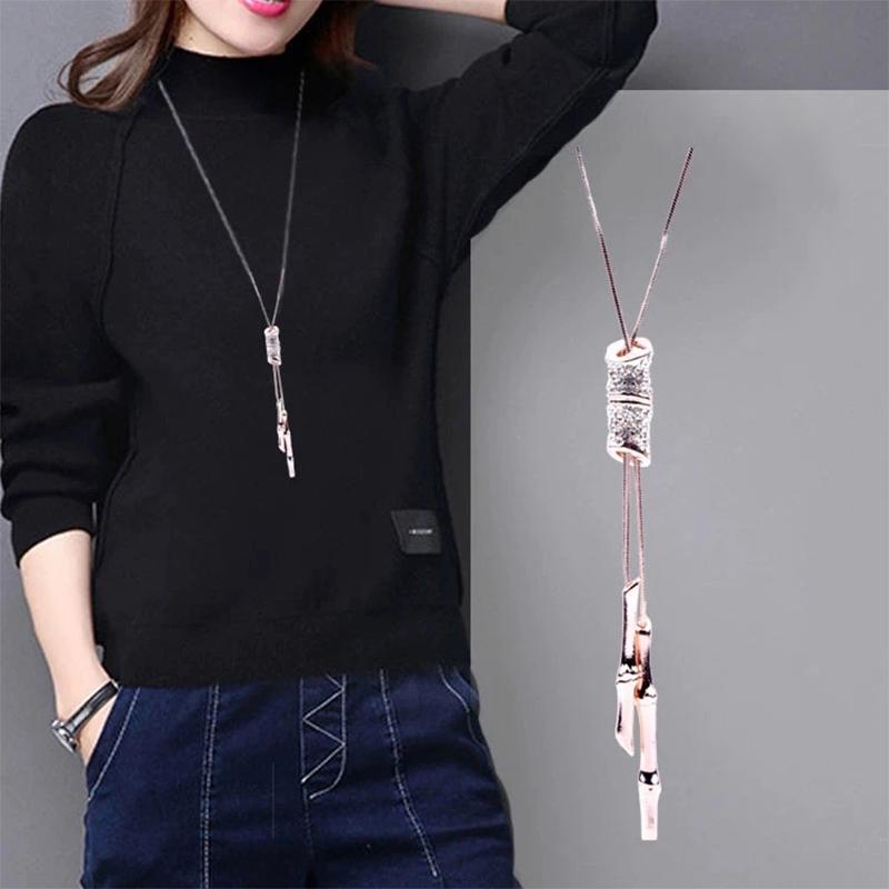Women's Sweater Necklace Pendant Necklace Diamond Bamboo Necklace Long Clothes Decorative Chain Personalized Ornaments Mom Daughter Gifts Jewelry