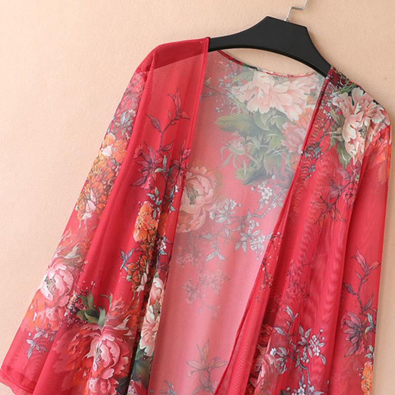 Women's Sun-Dress 1pcs Chiffon Cardigan Flowers Sun Protection Clothing Mid-length Plus Size Loose Outer Thin Coat Beach Air-conditioned Rooms