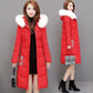 Winter Chinese Style Embroidered Down Women's Mid-length Temperament Is Thin and Slim, Large Fur Collar Hooded Padded Jacket
